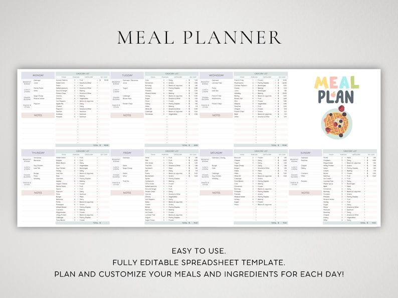 May include: A printable meal planner with a grocery list for each day of the week. The planner has a light blue and white color scheme with a cute illustration of a pizza.