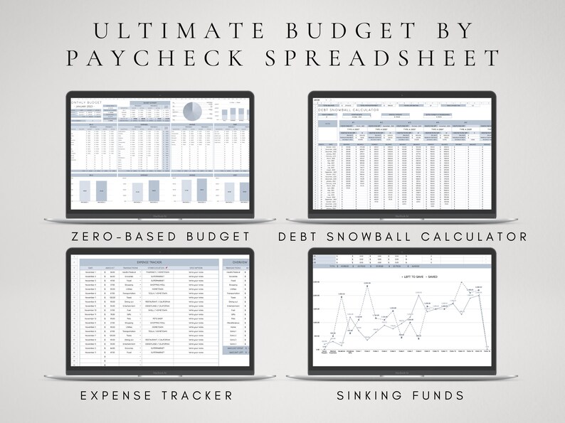 Może przedstawiać: Cztery ekrany laptop&oacute;w wyświetlające cyfrowy arkusz kalkulacyjny budżetu zatytułowany Ultimate Budget by Paycheck Spreadsheet. Ekrany pokazują budżet zerowy, kalkulator zadłużenia, śledzenie wydatk&oacute;w oraz wykres liniowy w kolorze niebieskim i białym.