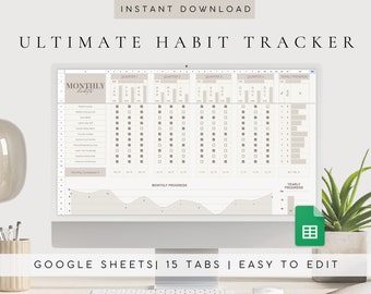 Ultimate Habit Tracker Spreadsheet Google Sheets | Daily Weekly Monthly Goal Task | Productivity Organizer Planner
