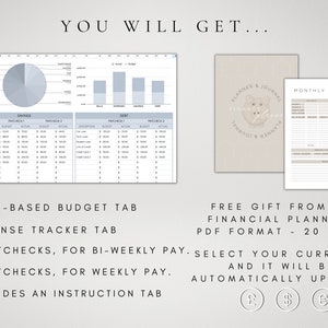 Op de afbeelding: Een digitale budgetplanner met tabbladen voor nulgebaseerd budgetteren, uitgaven bijhouden en instructies. Het bevat een cirkeldiagram, staafdiagrammen en tabellen om inkomsten en uitgaven bij te houden. De planner bevat ook een gratis financi&euml;le planner in PDF-formaat met 20 pagina's. De tekst "YOU WILL GET..." staat bovenaan de afbeelding.