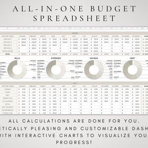 May include: A spreadsheet template for budgeting with a beige background and a title that reads "All-in-One Budget Spreadsheet". The spreadsheet includes sections for income, expenses, bills, savings, and debt. Each section has a pie chart that visually represents the data. The spreadsheet also includes a table with categories for income and expenses.