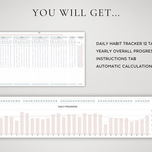 May include: A printable digital download of a daily habit tracker with 12 tabs, a yearly overall progress tab, instructions tab, and automatic calculations. The image shows a sample of the daily habit tracker and a graph showing daily and monthly progress.
