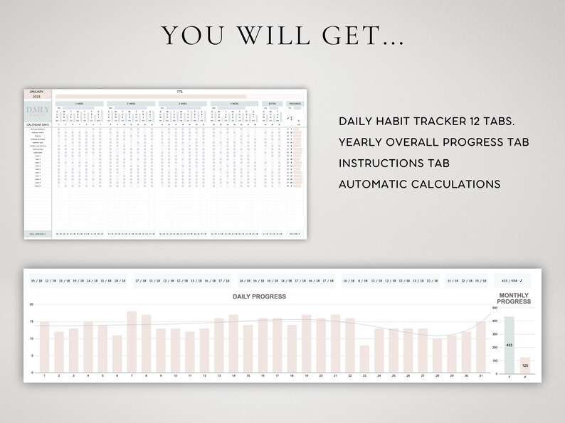 May include: A printable digital download of a daily habit tracker with 12 tabs, a yearly overall progress tab, instructions tab, and automatic calculations. The image shows a sample of the daily habit tracker and a graph showing daily and monthly progress.