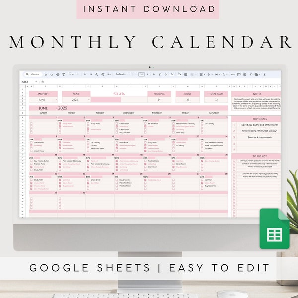 2024 2025 Calendar Spreadsheet | Google Sheets Monthly Calendar | To Do List Template | Task Planner Spreadsheet | Simple Digital Planner