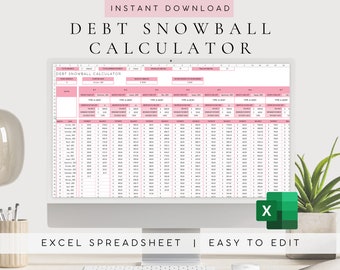 May include: A computer screen displaying a pink and white Excel spreadsheet titled "Debt Snowball Calculator". The spreadsheet is designed to help users track and manage their debt payments. The text "Instant Download" and "Excel Spreadsheet | Easy to Edit" are also visible on the screen.