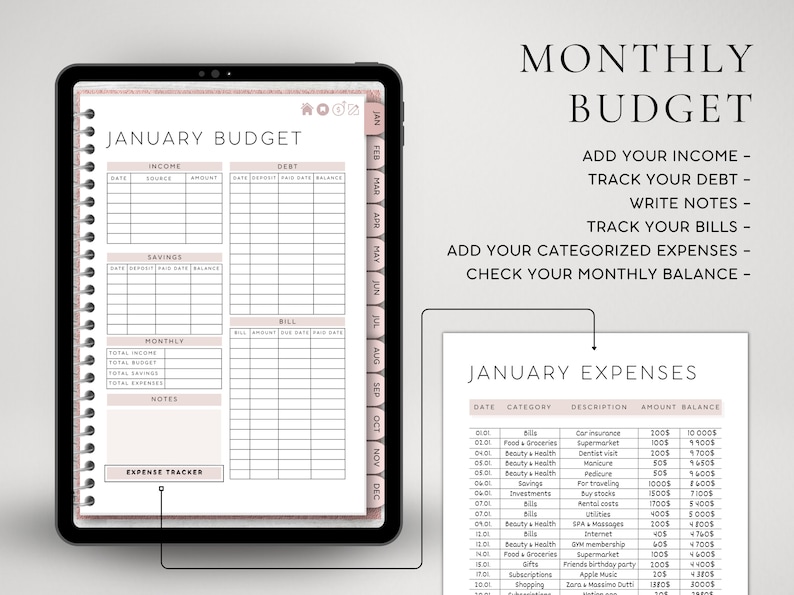 Op de afbeelding: Een digitale maandelijkse budgetplanner weergegeven op een tabletscherm met tabbladen voor elke maand. De interface bevat secties voor inkomsten, schulden, spaargeld, rekeningen en notities. Een aparte tabel voor de uitgaven van januari met kolommen.