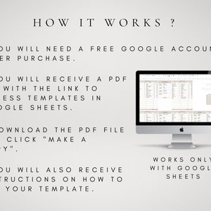 May include: A computer screen displaying a Google Sheets spreadsheet with the text "Meal Planner" in the top right corner. The text "HOW IT WORKS?" is displayed above the computer screen, along with instructions on how to use the Google Sheets template. The text "WORKS ONLY WITH GOOGLE SHEETS" is displayed below the computer screen.