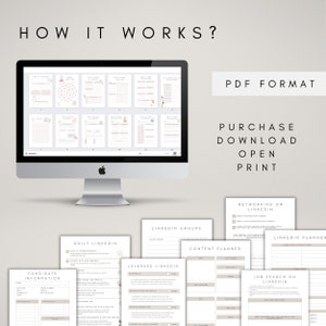May include: A digital screen displaying a PDF document with the text "HOW IT WORKS?" and a series of printable worksheets for job searching on LinkedIn. The worksheets include sections for daily LinkedIn activities, networking, job search, content planning, and leveraging LinkedIn.