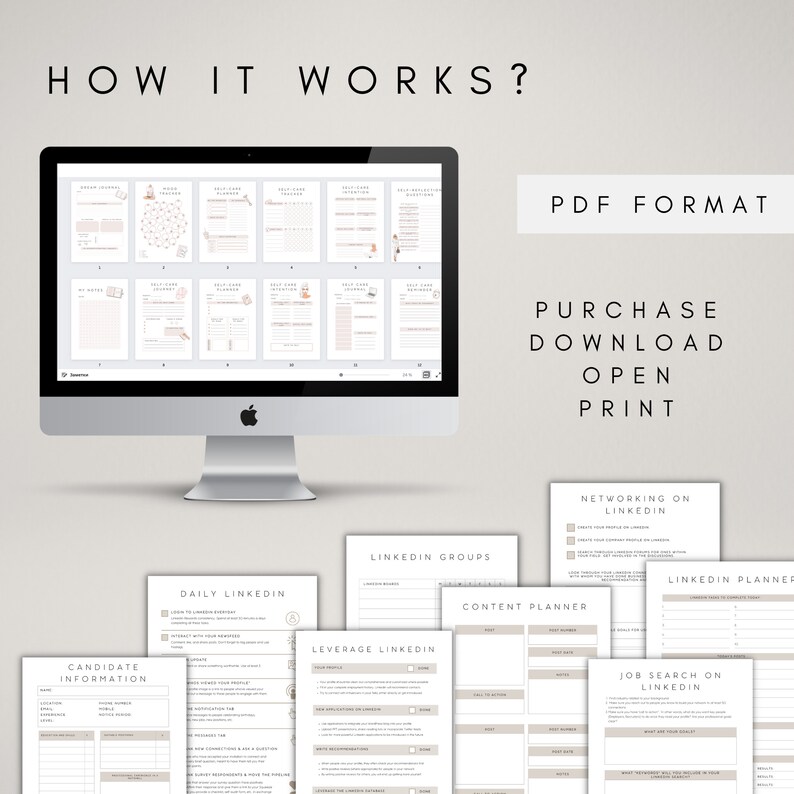 May include: A digital screen displaying a PDF document with the text "HOW IT WORKS?" and a series of printable worksheets for job searching on LinkedIn. The worksheets include sections for daily LinkedIn activities, networking, job search, content planning, and leveraging LinkedIn.