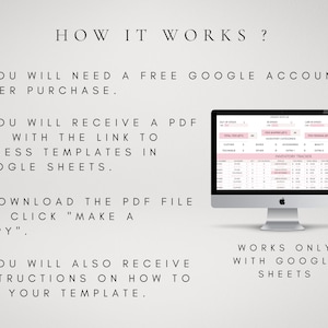 K&ouml;nnte beinhalten: Ein Computerbildschirm zeigt eine Google Sheets-Tabelle mit einer Inventar-Tracker-Vorlage. Der Text "HOW IT WORKS?" wird &uuml;ber dem Computerbildschirm angezeigt. Der Text "YOU WILL NEED A FREE GOOGLE ACCOUNT AFTER PURCHASE." wird unter dem Computerbildschirm angezeigt. Der Text "YOU WILL RECEIVE A PDF FILE WITH THE LINK TO ACCESS TEMPLATES IN GOOGLE SHEETS." wird unter dem Computerbildschirm angezeigt. Der Text "DOWNLOAD THE PDF FILE AND CLICK "MAKE A COPY"." wird unter dem Computerbildschirm angezeigt. Der Text "YOU WILL ALSO RECEIVE INSTRUCTIONS ON HOW TO USE YOUR TEMPLATE." wird unter dem Computerbildschirm angezeigt. Der Text "WORKS ONLY WITH GOOGLE SHEETS" wird unter dem Computerbildschirm angezeigt.