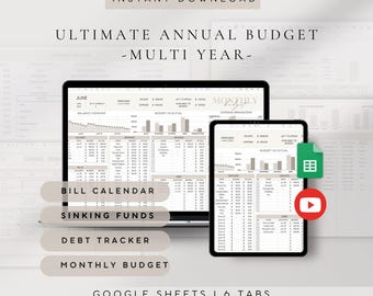 Puede incluir: Una plantilla de hoja de cálculo de presupuesto digital mostrada en una pantalla de portátil y tableta. La interfaz incluye secciones para presupuesto mensual, calendario de facturas, fondos de reserva y seguimiento de deudas.
