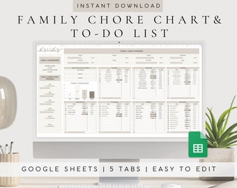 May include: A digital image of a computer screen displaying a Google Sheets spreadsheet with a family chore chart and to-do list. The spreadsheet has five tabs and is easy to edit. The text "INSTANT DOWNLOAD" and "FAMILY CHORE CHART & TO-DO LIST" is displayed at the top of the image. The text "GOOGLE SHEETS | 5 TABS | EASY TO EDIT" is displayed at the bottom of the image.