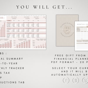 Op de afbeelding: Een digitale download van een roze en witte financi&euml;le planner met 5 tabbladen: Jaaroverzicht, Jaar-op-jaar, Maandelijkse tracker, BTW, Instellen en Instructies. De planner bevat een gratis cadeau van een financi&euml;le planner in PDF-formaat met 20 pagina's. De afbeelding toont ook een pagina voor het maandelijkse budget en een planner- en journaalomslag met een varkensillustratie. De tekst "YOU WILL GET..." staat bovenaan de afbeelding.