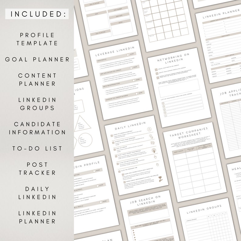 May include: A set of printable worksheets for LinkedIn networking and job searching. The worksheets include sections for goal planning, content planning, LinkedIn groups, candidate information, to-do lists, post tracking, daily LinkedIn activities, and a LinkedIn planner.