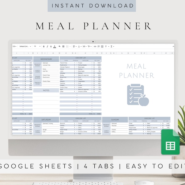 Planificateur de repas numérique | Liste d'épicerie automatisée | Planificateur de repas Google Sheets | Modèle de plan de repas | Plan de repas hebdomadaire | Planification des repas | Modifiable