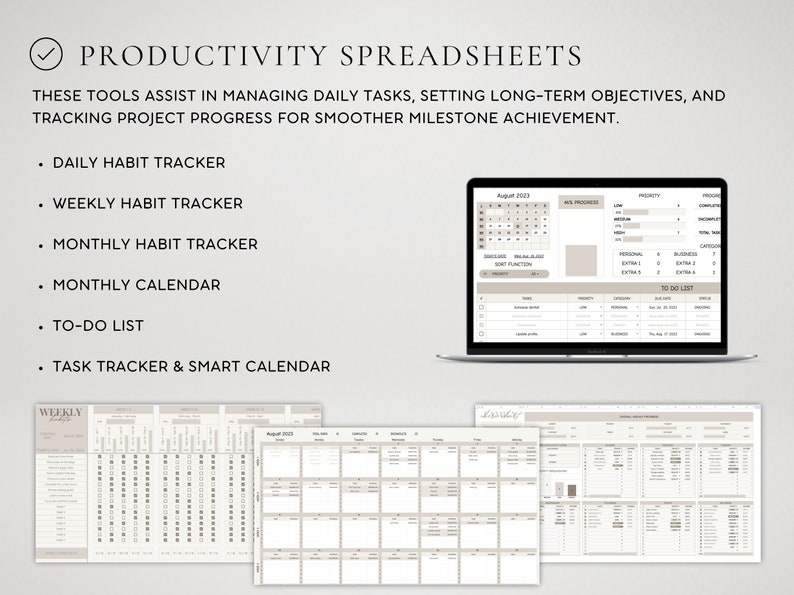 May include: A laptop displays a productivity spreadsheet with a calendar and to-do list. The image also shows printed spreadsheets for daily, weekly, and monthly habit tracking, plus a task tracker. Text reads "Productivity Spreadsheets."