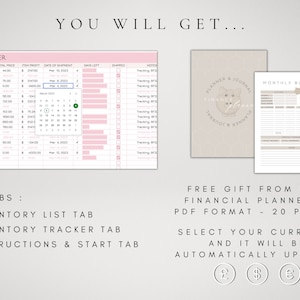 K&ouml;nnte beinhalten: Eine rosa und wei&szlig;e Inventar-Tracker-Tabelle mit drei Registerkarten: Inventarliste, Inventar-Tracker und Anweisungen & Start. Die Tabelle enth&auml;lt Spalten f&uuml;r den Artikelpreis, den Gesamtpreis, den Artikelgewinn, das Versanddatum, die verbleibenden Tage, versandt und Notizen. Ein Kalender ist in der Tabelle sichtbar. Das Bild zeigt auch ein kostenloses Geschenk: einen Finanzplaner im PDF-Format mit 20 Seiten. Der Finanzplaner verf&uuml;gt &uuml;ber einen Abschnitt f&uuml;r das monatliche Budget und einen Abschnitt f&uuml;r Planer und Tagebuch mit einem Schweinedesign. Der Text "FREE GIFT FROM US - FINANCIAL PLANNER IN PDF FORMAT - 20 PAGES." ist sichtbar. Der Text "SELECT YOUR CURRENCY AND IT WILL BE AUTOMATICALLY UPDATED" ist sichtbar. W&auml;hrungssymbole f&uuml;r Britisches Pfund, US-Dollar und Euro sind sichtbar.