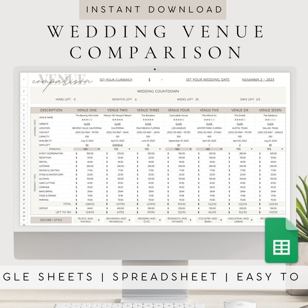 Hochzeitsort | Standortvergleich Spreadsheet | Wedding Planner Sofort Download | Veranstaltungsort Vergleich Digitaler Download | Hochzeitsplanung