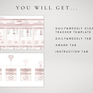 May include: A printable cleaning tracker template with four tabs: Daily & Weekly, Award, Instruction, and a progress chart. The chart shows a progress bar with a percentage and a trophy icon for each tab.