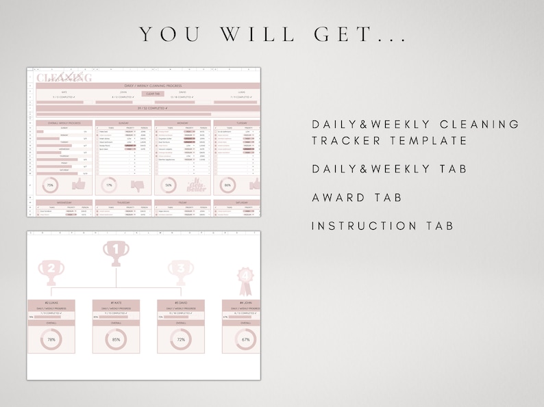 May include: A printable cleaning tracker template with four tabs: Daily & Weekly, Award, Instruction, and a progress chart. The chart shows a progress bar with a percentage and a trophy icon for each tab.