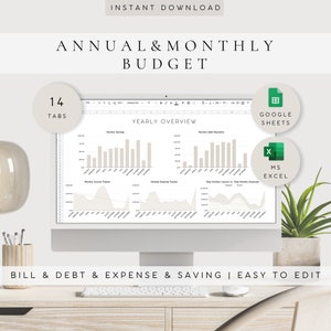 Annual Budget Template | Monthly Budget Excel Google Sheets | Budget Spreadsheet Template | Bill Tracker | Debt Tracker | Expense Tracker