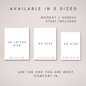 May include: Three printable wall art designs for a Monday/Sunday start calendar. The sizes are US Letter (8.5 x 11 inches), A4 (8.3 x 11.7 inches), and A5 (5.8 x 8.3 inches).