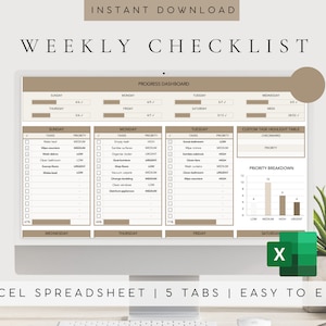 Excel Checklist Spreadsheet Template | Excel To Do List Template | Task List Planner | Undated Planner | Daily, Weekly, Monthly Planner