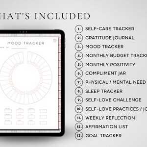 May include: A digital planner with a pink and white design. The planner includes a mood tracker, gratitude journal, self-care tracker, monthly budget tracker, monthly positivity tracker, compliment jar, physical and mental need tracker, sleep tracker, self-love challenge, self-love practices, weekly reflection, affirmation list, and goal tracker.