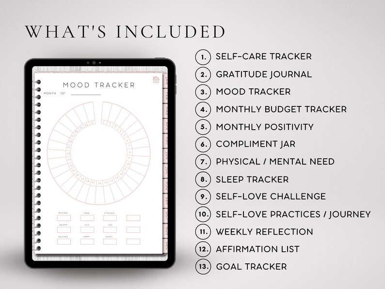 May include: A digital planner with a pink and white design. The planner includes a mood tracker, gratitude journal, self-care tracker, monthly budget tracker, monthly positivity tracker, compliment jar, physical and mental need tracker, sleep tracker, self-love challenge, self-love practices, weekly reflection, affirmation list, and goal tracker.