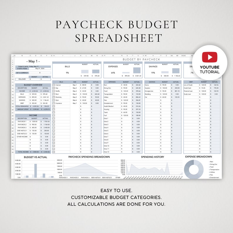 Paycheck Budget Spreadsheet for Excel—income and Expense Tracker With ...