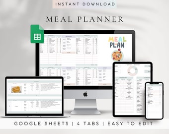 Planificador de comidas semanal y lista de compras / Planificador de comidas en hoja de cálculo de Google Sheets / Planificador de recetas digital / Lista de compras automatizada / Planificador de comidas digital