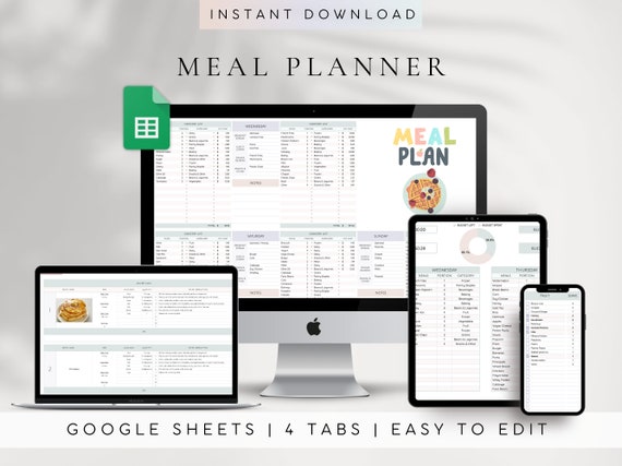Weekly Meal Planner and Grocery List | Meal Planner Spreadsheet Google Sheets |Recipe Planner Digital |Automated Shopping List |Digital Meal