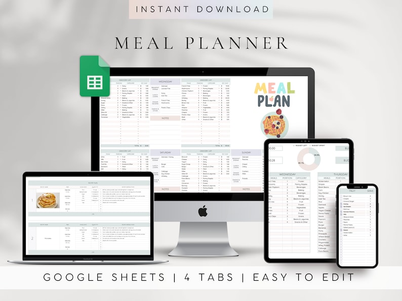 May include: A digital meal planner template for Google Sheets. The template has four tabs: "Grocery List", "Meal Plan", "Recipes", and "Shopping List". The template is designed to help users plan their meals, track their grocery shopping, and organize their recipes.