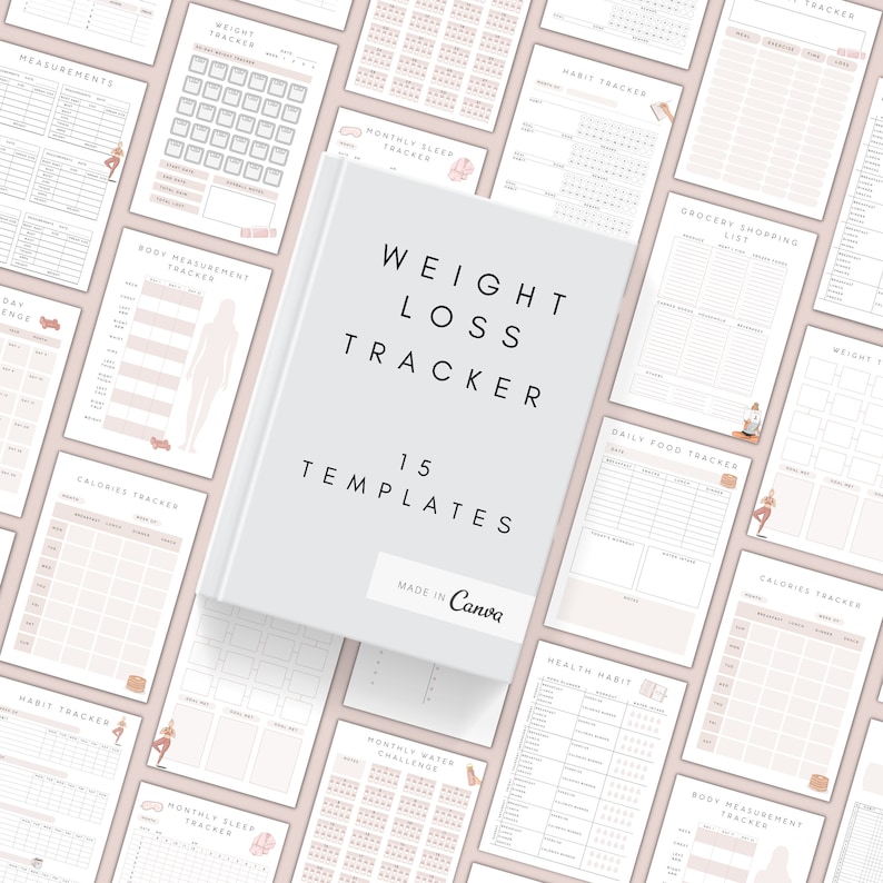 May include: A set of 15 printable weight loss tracker templates in a pink and white colour scheme. The templates include trackers for daily food, calories, weight, measurements, sleep, water, habit, and grocery shopping. The text "WEIGHT LOSS TRACKER 15 TEMPLATES MADE IN Canva" is displayed on a grey background.