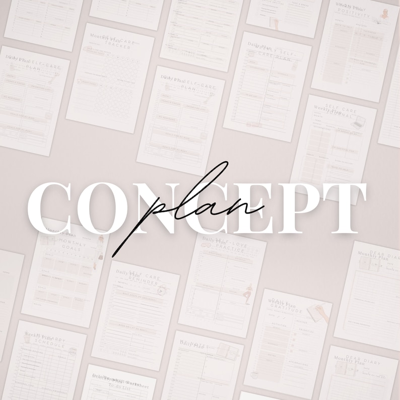 May include: A collection of printable planner pages with titles such as "Daily Self-Care Plan", "Monthly Goal Tracker", "Daily Self-Love Co-Practice", and "Brain Dump". The pages are designed in a minimalist style with a light pink background and black text.