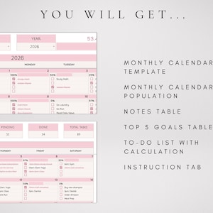 May include: A digital monthly calendar template in shades of pink and white. The layout includes a calendar grid for June 2026, task lists with percentage completion, and tables for notes, top 5 goals, and to-do lists with calculations and instructions.