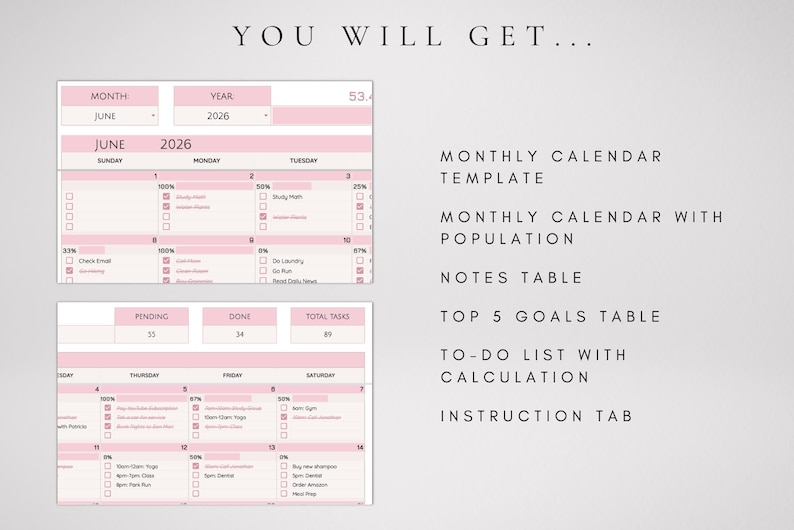 May include: A digital monthly calendar template in shades of pink and white. The layout includes a calendar grid for June 2026, task lists with percentage completion, and tables for notes, top 5 goals, and to-do lists with calculations and instructions.