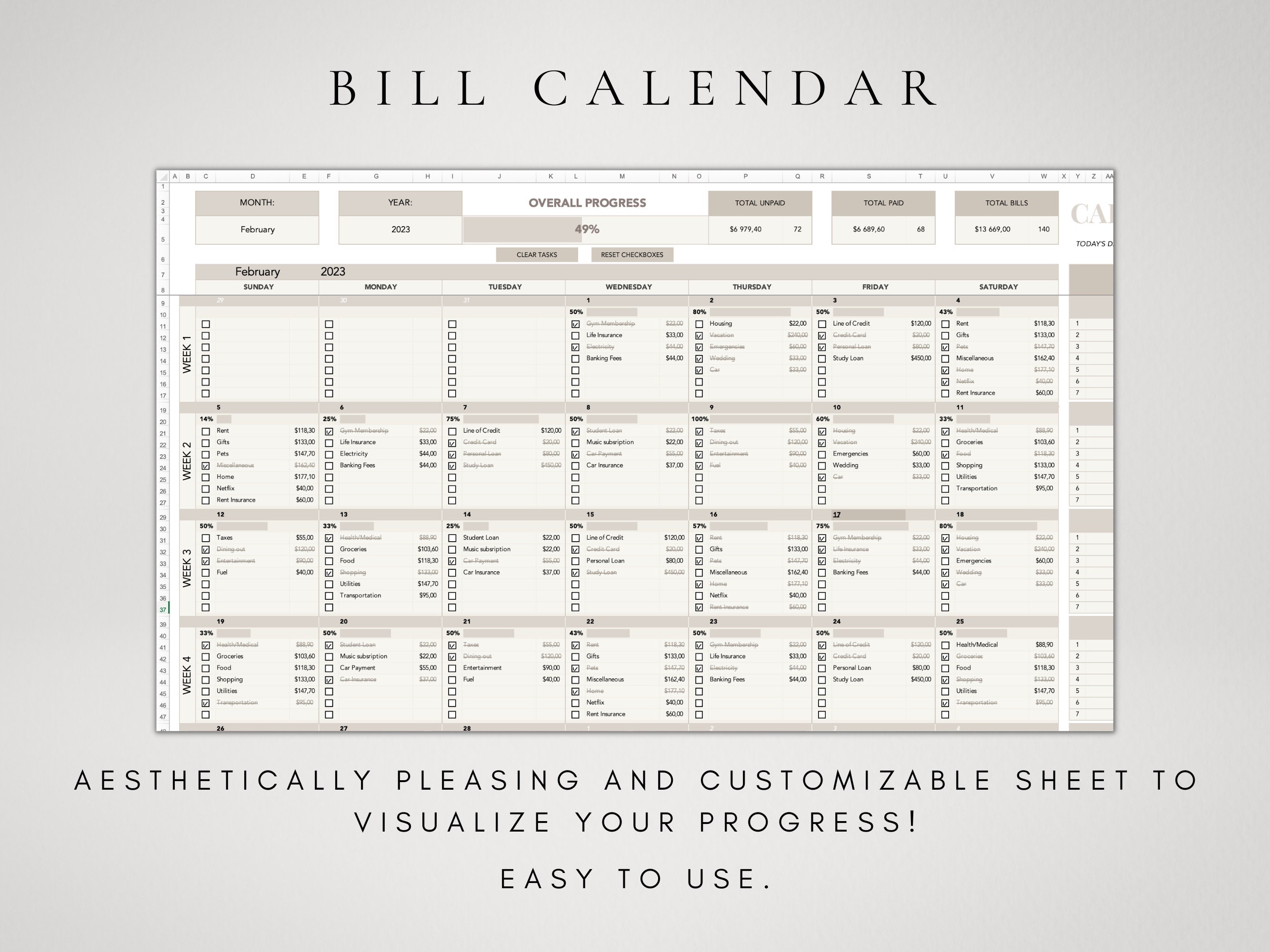 Bill Tracker Excel Bills Calendar Monthly Budget Spreadsheet Etsy