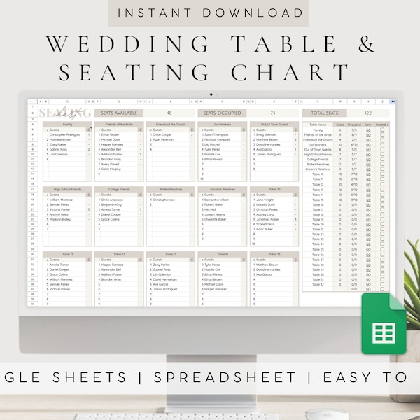 Wedding Seating Chart | Seating Arrangement | Google Sheets Digital Wedding Planner | Wedding Google Spreadsheet | Wedding Table Chart