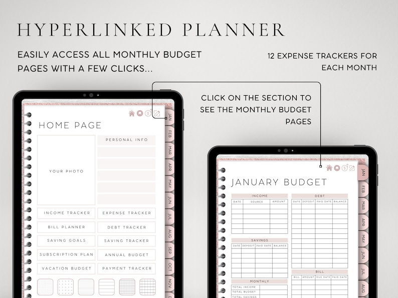 Op de afbeelding: Een digitale hyperlinked planner weergegeven op twee tablets. Het linkerscherm toont een startpagina met navigatieknoppen voor inkomsten-, uitgaven-, factuur-, schuld- en spaartrackers. Het rechterscherm toont een budgetpagina voor januari met tabellen.
