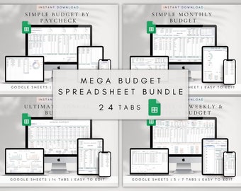 May include: A collage of four screenshots showing different Google Sheets budget templates. The templates are for a simple budget by paycheck, a simple monthly budget, an ultimate budget, and a weekly and monthly budget. The text "MEGA BUDGET SPREADSHEET BUNDLE 24 TABS" is in the center of the collage.