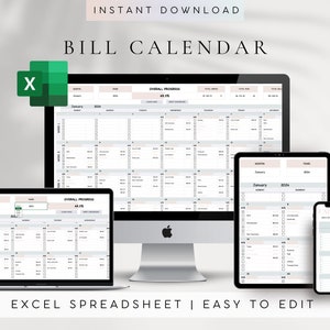 May include: A digital bill calendar spreadsheet displayed on a computer, tablet, and phone. The spreadsheet is designed to help users track and manage their bills. The calendar is in a simple, modern design with a light gray background and black text. The spreadsheet includes columns for bill name, due date, amount, and payment status. The calendar is easy to edit and customize.