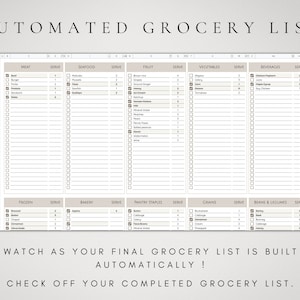 May include: A printable grocery list template with checkboxes for various food categories, including meat, seafood, fruit, vegetables, beverages, frozen foods, bakery items, pantry staples, grains, and beans and legumes. The template includes a section for the number of servings and a note that says "Watch as your final grocery list is built automatically! Check off your completed grocery list."