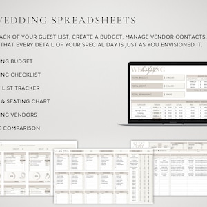 May include: A laptop displaying a wedding budget spreadsheet, with additional spreadsheets for checklists, guest lists, and vendor management. The image includes the text "WEDDING SPREADSHEETS" and bullet points for various wedding planning tools.