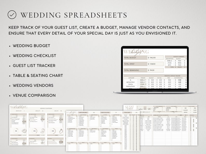 May include: A laptop displaying a wedding budget spreadsheet, with additional spreadsheets for checklists, guest lists, and vendor management. The image includes the text "WEDDING SPREADSHEETS" and bullet points for various wedding planning tools.