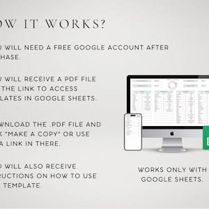 May include: How to use Google Sheets templates.  A screenshot shows a computer screen displaying a Google Sheet template, a mobile phone displaying a Google Sheet template, and a Google Sheets icon.  The text on the screen reads "WORKS ONLY WITH GOOGLE SHEETS."