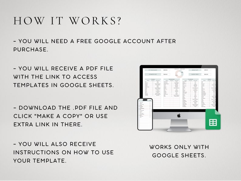 May include: How to use Google Sheets templates.  A screenshot shows a computer screen displaying a Google Sheet template, a mobile phone displaying a Google Sheet template, and a Google Sheets icon.  The text on the screen reads "WORKS ONLY WITH GOOGLE SHEETS."