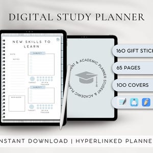 May include: A digital study planner with a blue and white color scheme. The planner has a cover that says "Student & Academic Planner" and a page that says "New Skills to Learn". The planner comes with 160 gift stickers, 65 pages, and 100 covers.