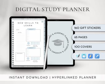 Puede incluir: Un planificador de estudios digital en azul y blanco. El planificador tiene una portada que dice "Student & Academic Planner" y una página que dice "New Skills to Learn". El planificador viene con 160 pegatinas de regalo, 65 páginas y 100 cubiertas.