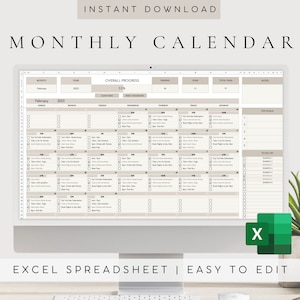 Digital Monthly Calendar 2024 2025 | Excel Template | Task Planner Spreadsheet | Undated Monthly Planner| Task Tracker| To-Do List |Editable